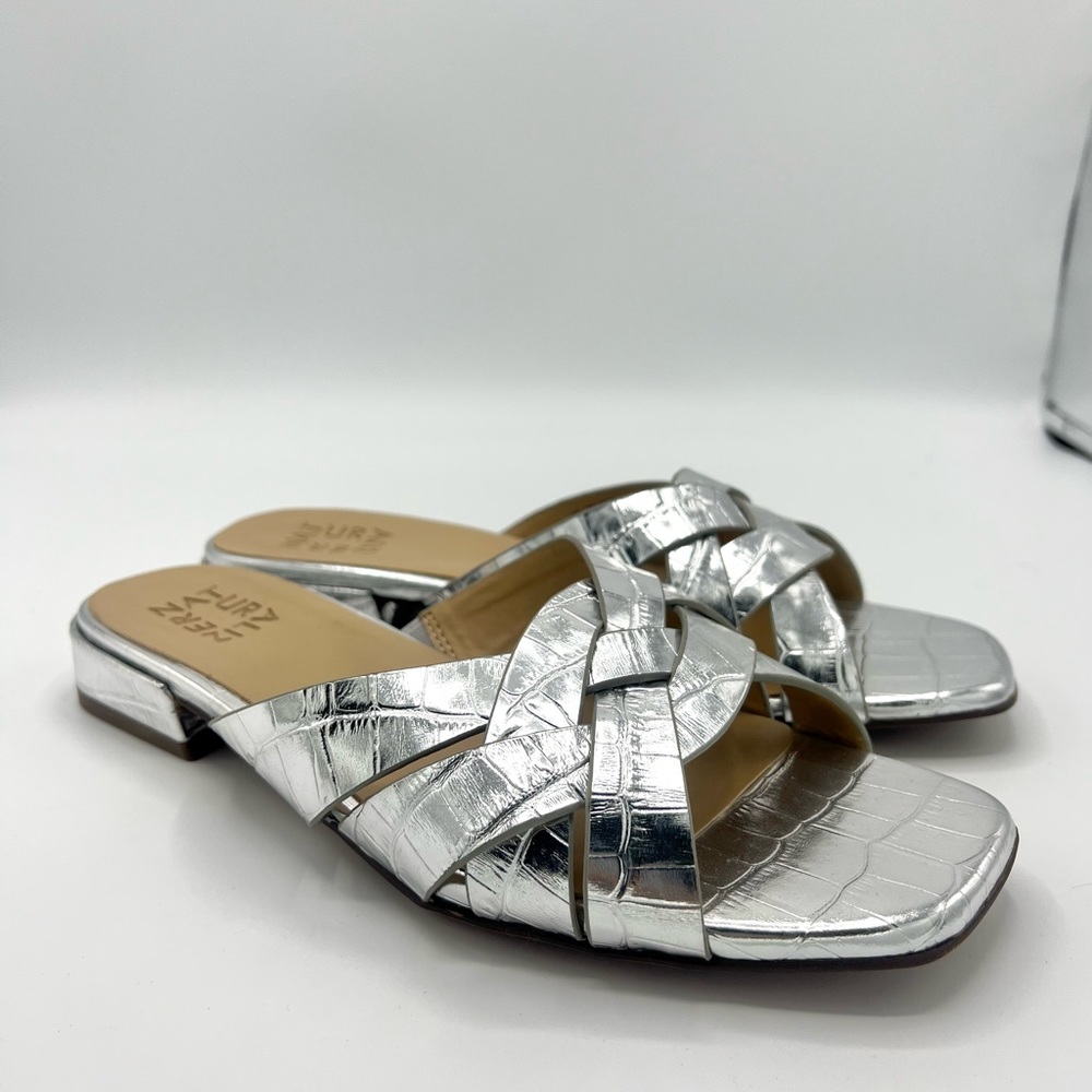 Naturalizer Women's Ashford Slide Sandals Flats Silver Leather Croc 8.5 M